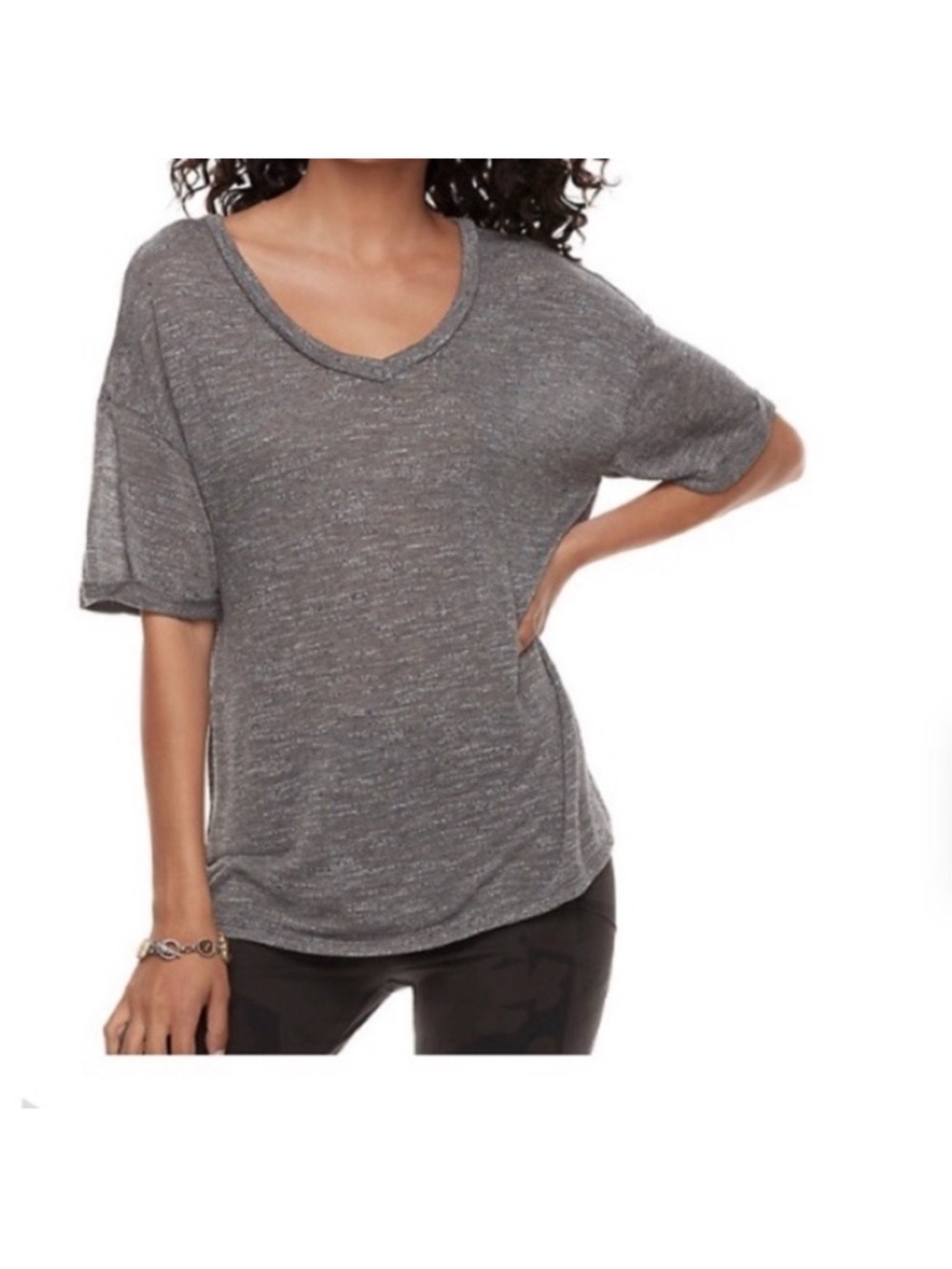 Mudd Boxy V-Neck Hacci Tee Gray Marled High Low Slit Hem Top Size Large - Picture 8 of 14